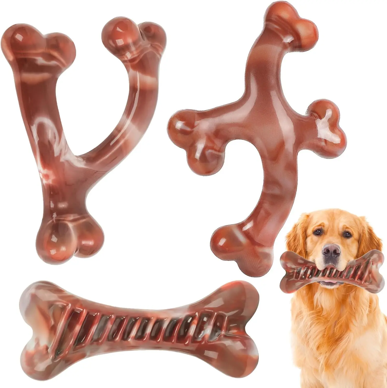 3-Pack Durable Chew Nylon Bacon-Flavor Dog Toys for Aggressive Chewers, Best Toys for Tough Chewers for Large, Medium, Small Dog Breeds (Not for Cats)