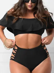 Plus Size Solid Cut Out Ruffle Trim Bikini Set, Casual Fashion Chic Swimsuit for Beach Holiday Vacation, Women's Swimwear for All Seasons