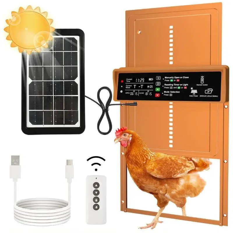AsFrost Solar Powered Automatic Poultry Door - Aluminum Alloy Chicken Coop Accessory with Timer, Light Sensor, Anti-Pinch, Auto Open, USB/Solar Charging, Battery, Manual Setting, LCD Display Enclosure, Under 10lbs, Orange (For Chickens)