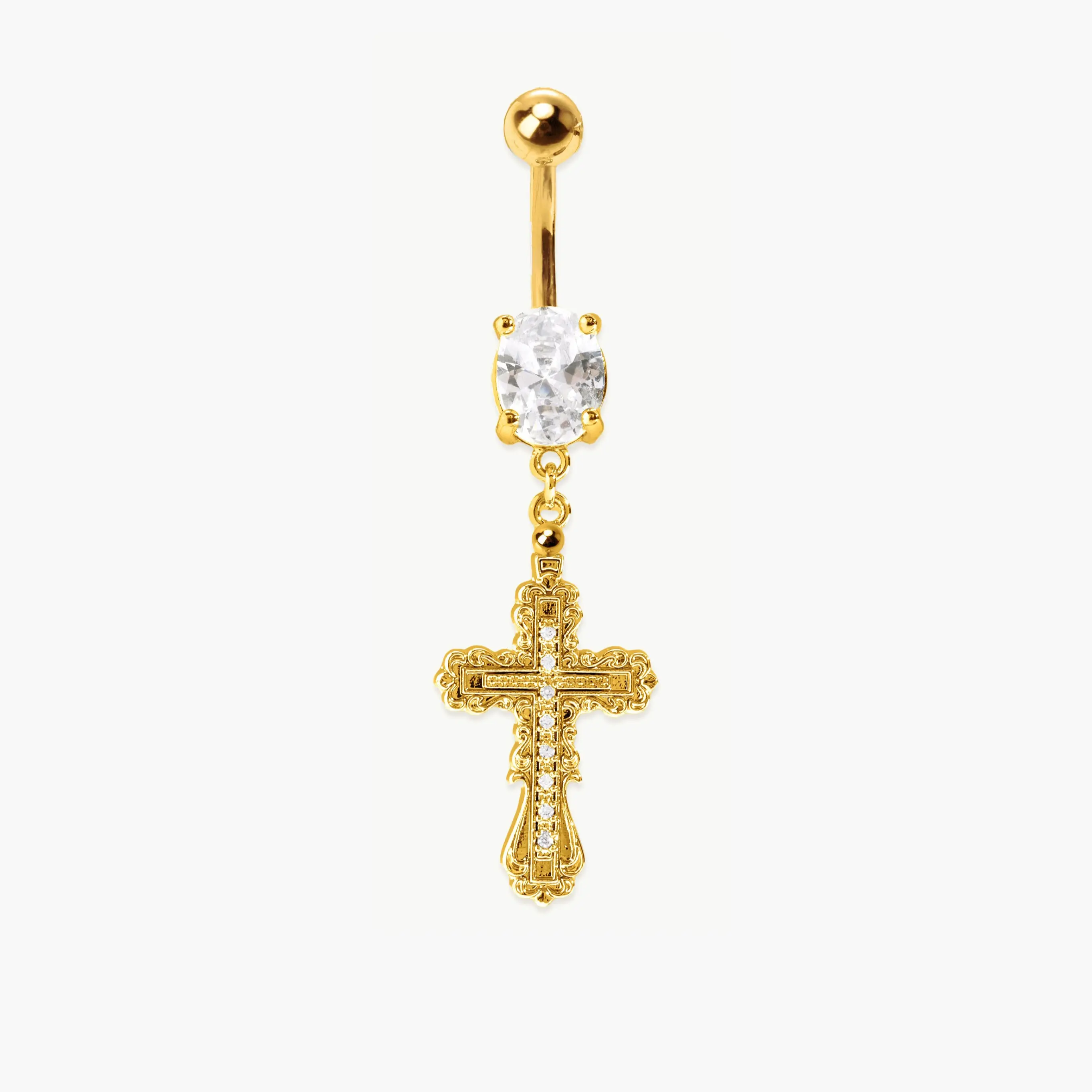 en route 18K Gold Plated Everette Cross Belly Ring in Gold, Celestial Pearl Cross Design, Versatile Jewelry Perfect for Layered Styling & Matching Sets #SpringStatements