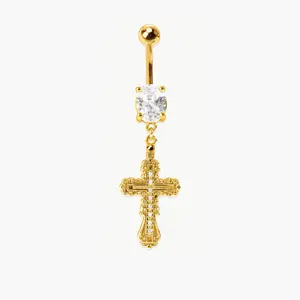 en route 18K Gold Plated Everette Cross Belly Ring in Gold, Celestial Pearl Cross Design, Versatile Jewelry Perfect for Layered Styling & Matching Sets #SpringStatements