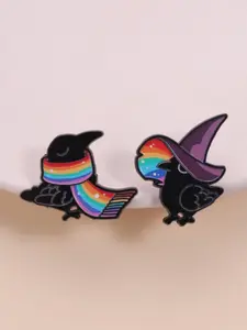 Rainbow Crow Enamel Pin, Brooch Pins, Enamel Lapel Pins, Crow with Rainbow Gradient Sparkle Scarf, Wizard Hat, Perfect Accessory for Lgbtq+, Gothic Aesthetic Lovers, Unique Design