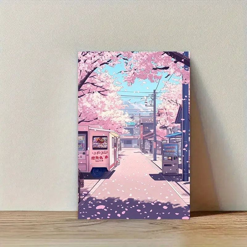 Waterproof Artistic Anime-Style Cherry Blossom & Tokyo Street Canvas Wall Art Print, Home Decor for Living Rooms-Bedrooms, Stylish Wall Artwork Gift for Home Office-Restaurants