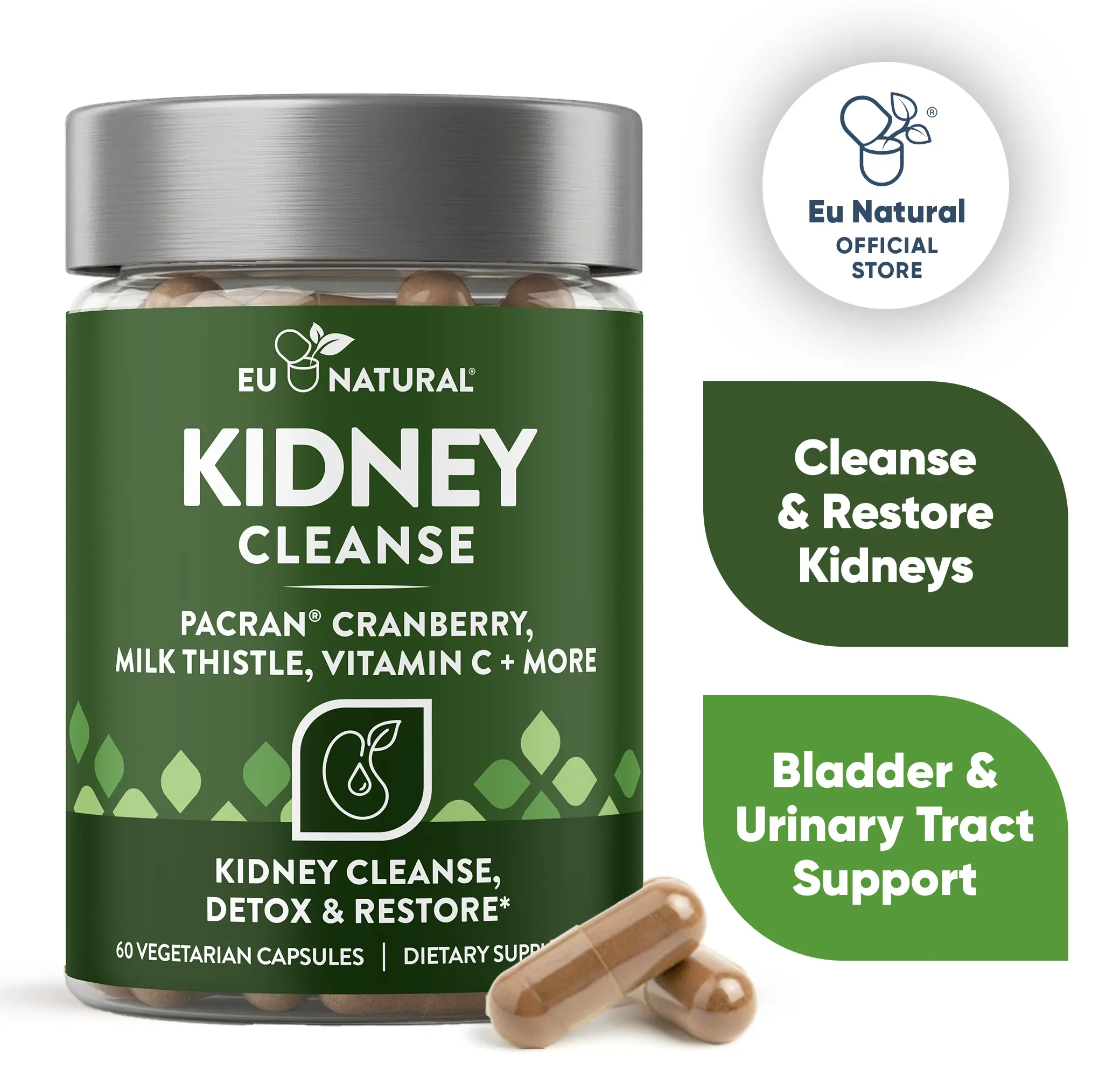 Eu Natural Kidney Cleanse and Detox Supplement - Clinically-Studied Whole Fruit Cranberry, Milk Thistle, Turmeric, Vitamin C + Kidney Detox Complex