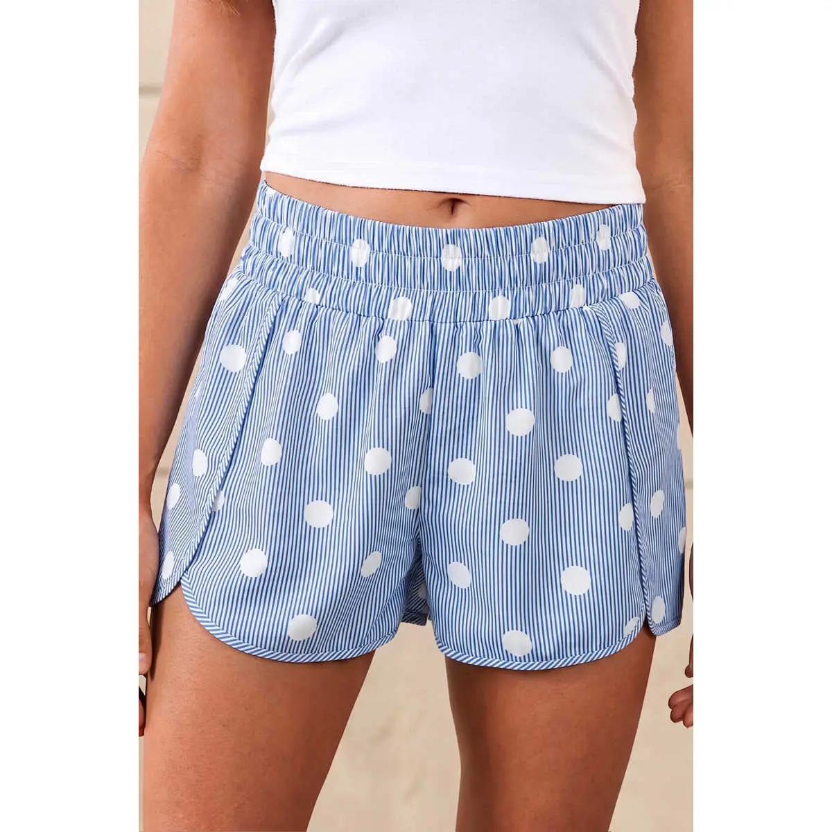 Sky Blue Polka Dot Print Shirred High Waist Casual Shorts