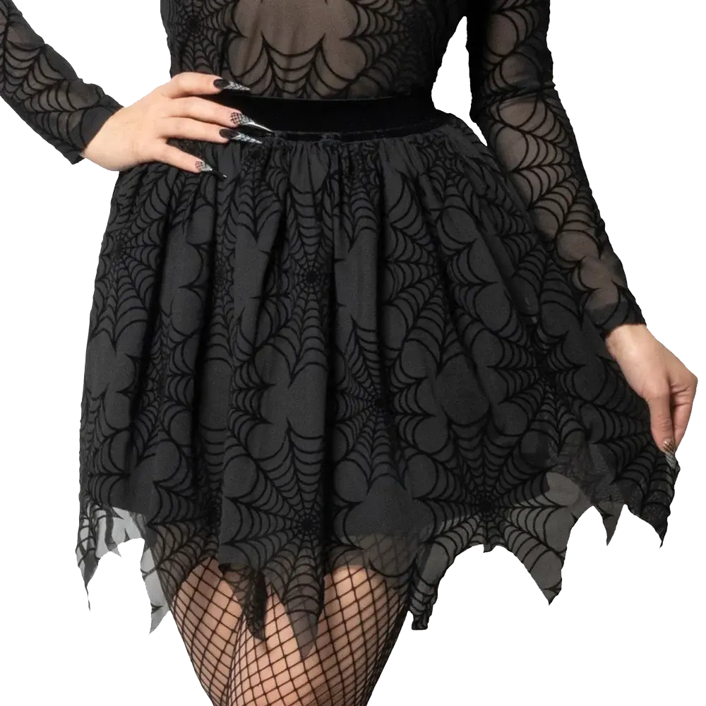 Kreepsville 666 Spiderweb Mesh Tutu Skirt - Black Flock Spiderwebs on Fluttering Mesh with Velvet Elastic Waistband for Gothic Fairy Witchy Fits