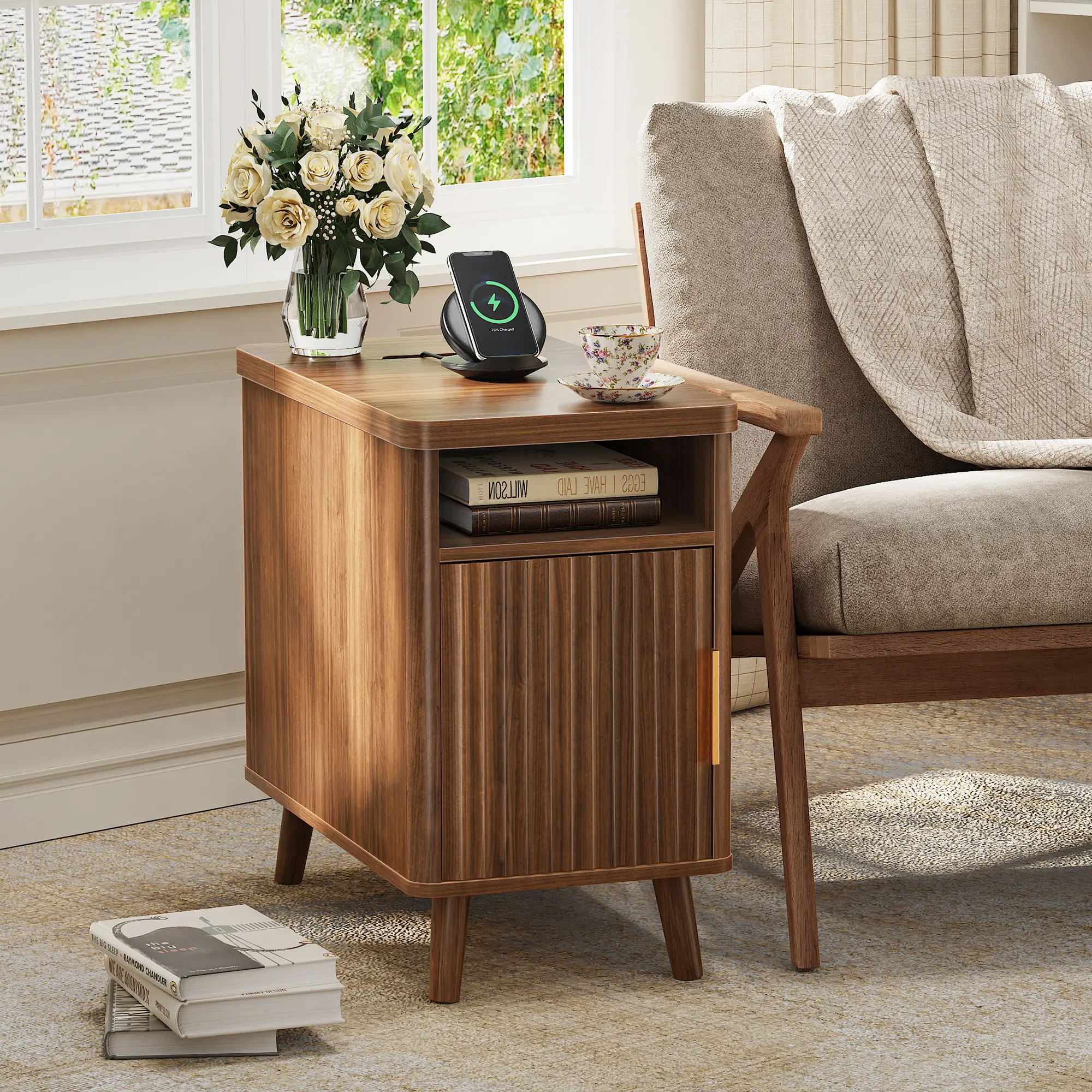 Huuger Narrow End Table with Charging Station, USB-C Port, Fluted Design, Storage Cabinet, Cabinet Storage Organizer, 13.4×23.6 in Small Space Side Table, Storage Cabinets