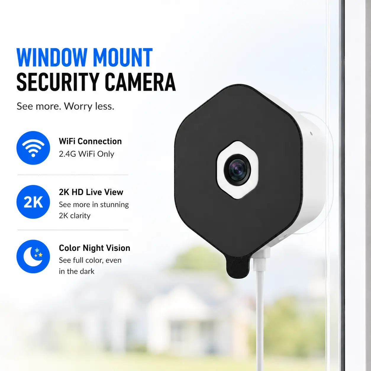 2K Window Camera,2.4GHz WiFi Indoor Cameras for Home Security with Al Color Night Vision,Person & Motion Detection,24/7 Recording,Easy & Quick Install