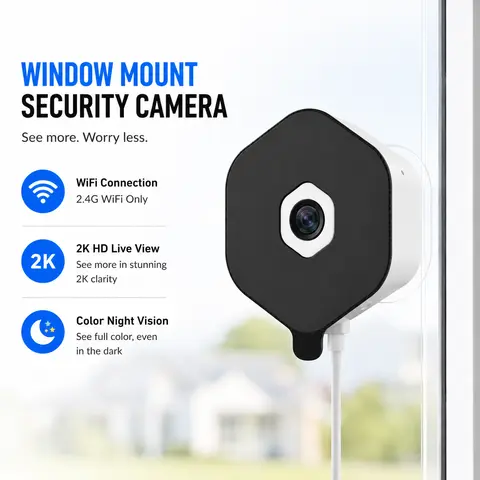 SECKUN Girafit 2K Wi-Fi Window Security Camera, 2.4GHz Indoor Monitoring Cam with Color Night Vision, Motion Sensor, Person Detection, 24/7 Recording, Easy Quick Install, Local Micro SD Storage