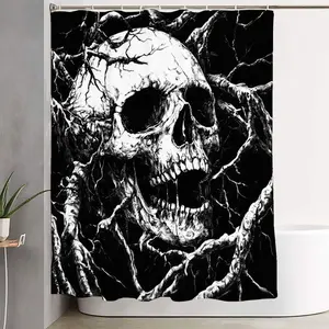 1/4pcs Gothic Skull Bathroom Set - Macabre Decorative Shower Curtain with Snarling Skull & Twisted Roots, Matching Toilet Lid Cover, Contour Rugs & Bath Mat - Dark & Spooky Home Decor for Halloween and Horror Lovers
