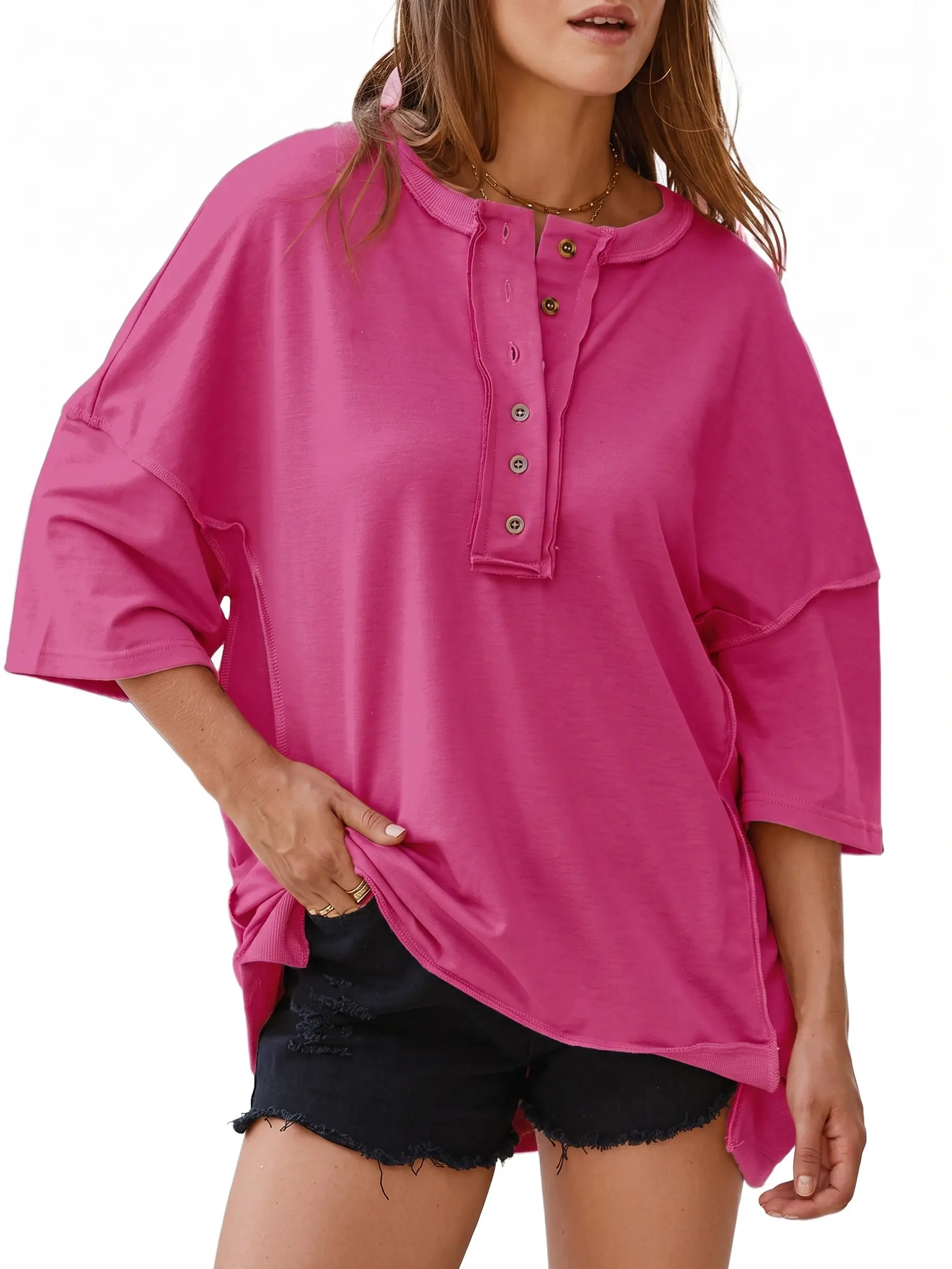 Shewin Summer Outfit Women's Henley Button Shirts - Oversized Short Sleeve Ribbed Chic Fabric Cotton Blend Casual Daily Wear for Jeans Pairing DealsForYouDays,back to school,back to school shopping