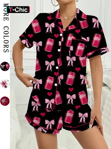 Women's Comfortable Cute Elastic Sleepwear Loungewear Set, Spring Bow Tie Shirt and Pants Two-Piece, Short Sleeve Shorts, Party Wear
