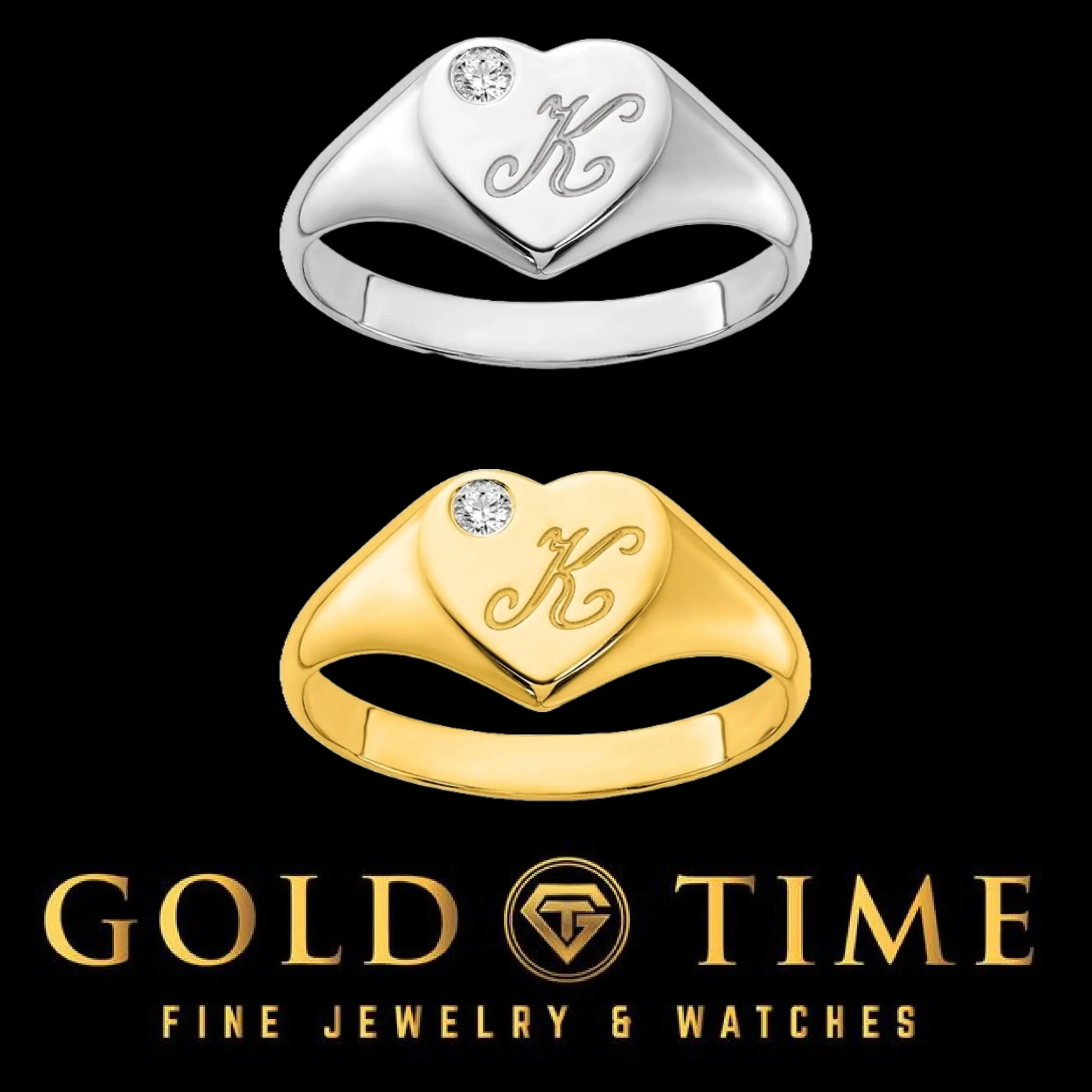 Personalized Diamond Heart Initial Signet Ring