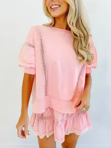 Fisoew Women's 2 Piece Cotton Lace Trim Outfit Set Short Sleeve Puff Sleeve Top & Ruffled Shorts Soft Casual Outfit SpringStatements