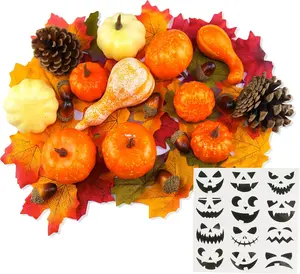 Lightweight Decorative Plastic Mini Pumpkins Set (50 Count) with Leaves, Acorns, Pinecones, Gourds - Farmhouse Fall Ornaments for Halloween, Thanksgiving Harvest Centerpiece & Table Decor