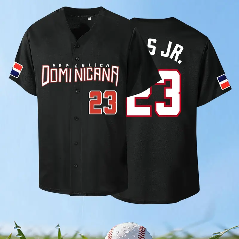 Men's 23 Republica Dominicana Baseball Shirt, Lightweight Sports Style Short Sleeve Jersey, Sporty Sports Tops, Sports Clothing