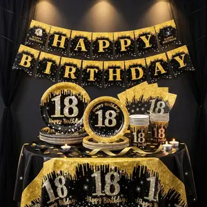 52pcs Gold Foil Number 18 Printed Paper Tableware Set, Adult Milestone Celebration Decorations, Party Supplies, Gift Choice