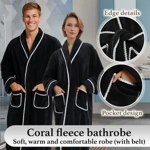 1 Pcs coral fleece bathrobe, unisex, soft, warm, and comfortable long robe with a belt, pockets, and contrasting trim. Stylish loungewear