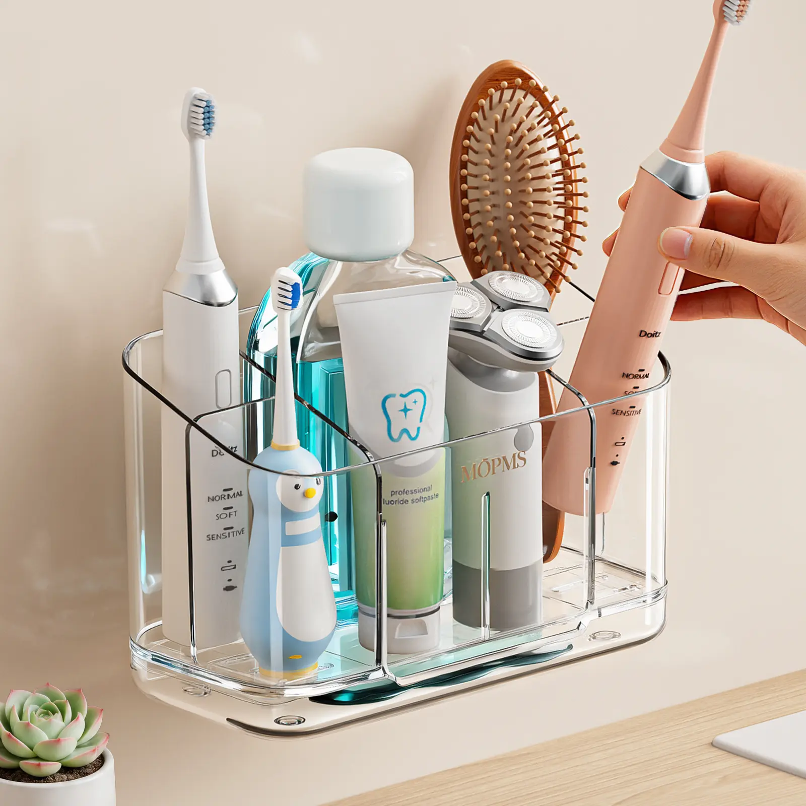 MOPMS Wall-Mounted Silicone Electric Toothbrush Holder Kit - Vanity, College Dorm Essential, Firm, Crystal-Clear, Dustproof, Waterproof, Adjustable, Drip Drainage, Toothpaste Dispenser, Bathroom Organiser