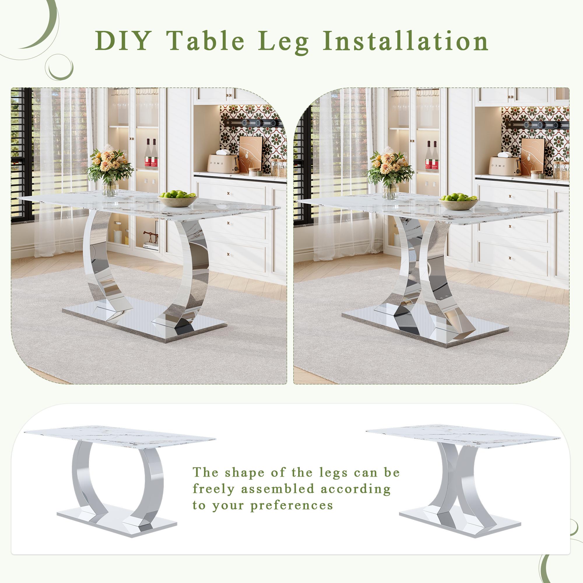Dining Table Set for 6,Kitchen Table Chairs Set of 6,Rectangular Dining Table,Modern Dining Room Set 63" White Tempered Glass Top with Adjustable Stainless Steel Base,Velvet Dining Chairs,Sliver Stainless Steel Plating Legs,Suitable for Dining Room,Office