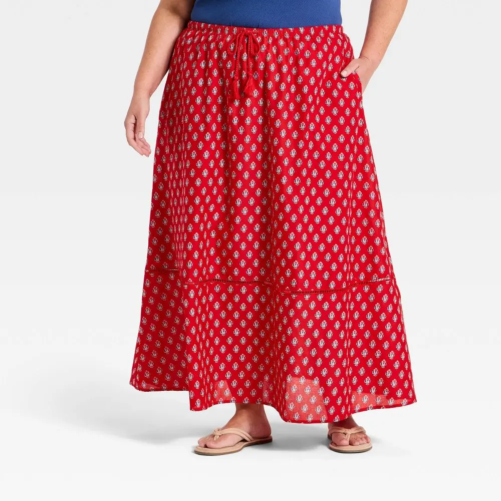 Universal Thread Women's High Rise Cotton Full Maxi Skirt - Red Floral