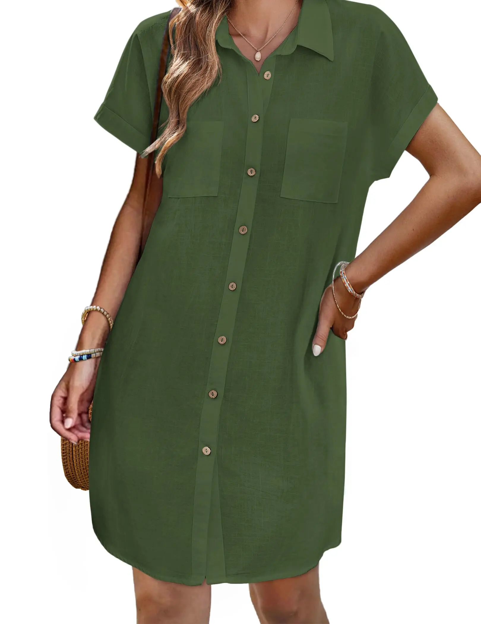Zeagoo Women's Button Down Shirt Dress Summer Cotton Linen Dress V-Neck Mini Dress Casual Short Sleeve Loose Tunic Dresses