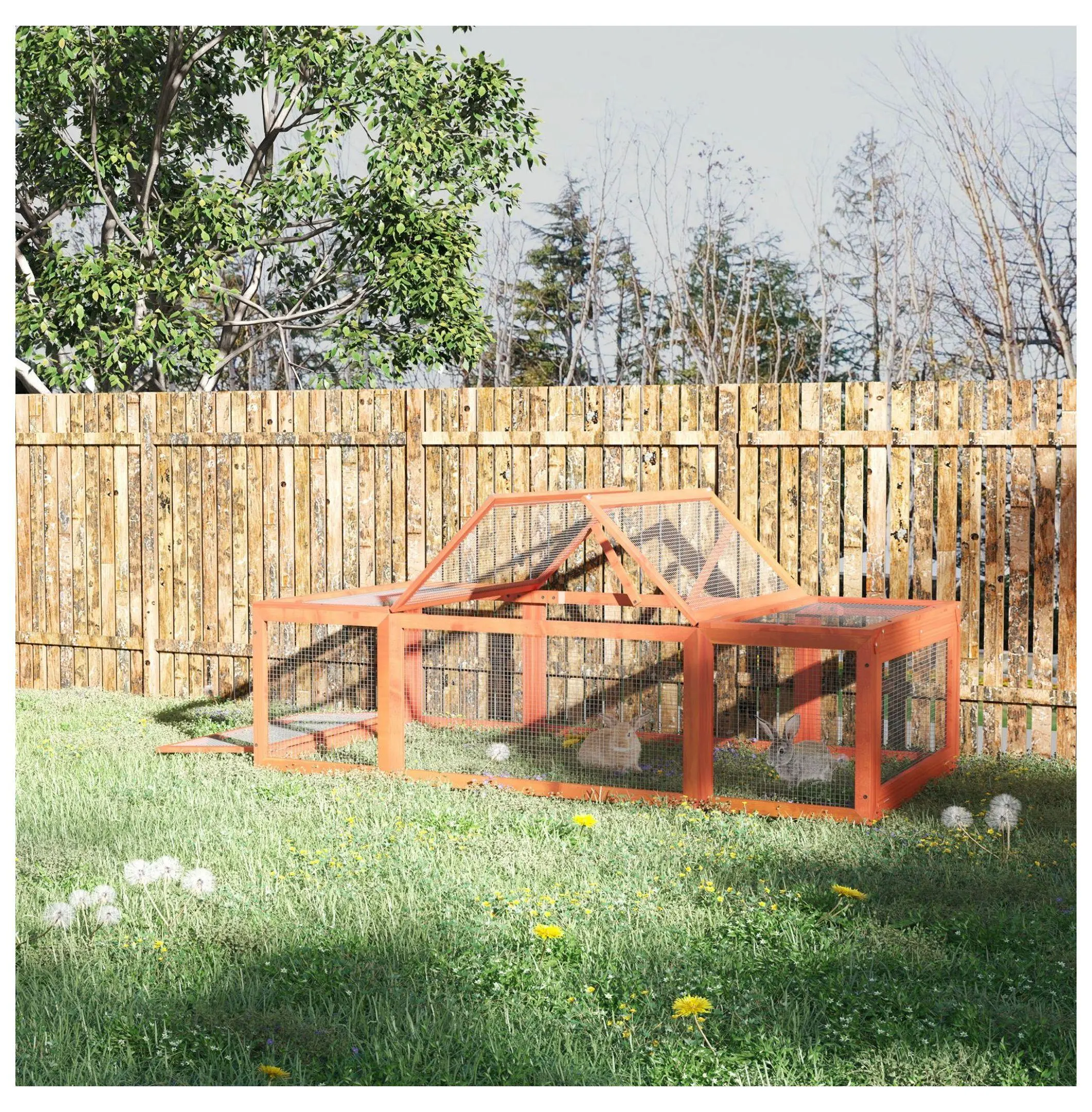 Large Solid Wooden Bunny Cage - 70.75" L x 35.5" W x 19" H, Weatherproof Fir Wood, Integrated Run, Lockable Doors, Water-Based Paint, Outdoor Small Animal Habitat Enclosure for Secure Living, Hutch