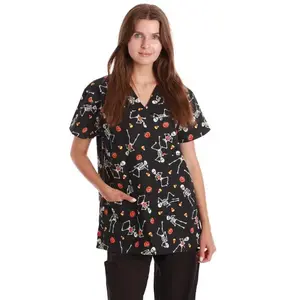 Women’s V Neck Scrub Top Black Skeleton Candycorn – Halloween Medical Uniform & Cute Nurse Workwear