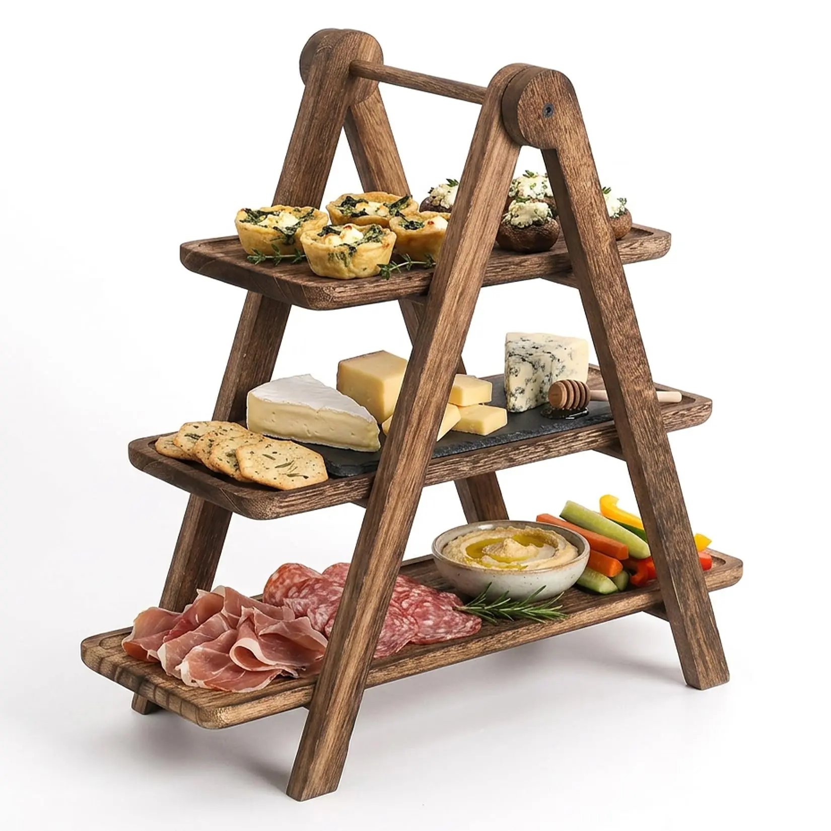 3-Tier Collapsible Wooden Serving Tray Rack – Rustic Multi-Layer Display Stand with Handle, Detachable Deli Platter Board – Space-Saving Pyramid-Style Kitchen Organizer for Countertop, Dessert glass tabletop patio tiles guinea pig wayfair outdoor finds