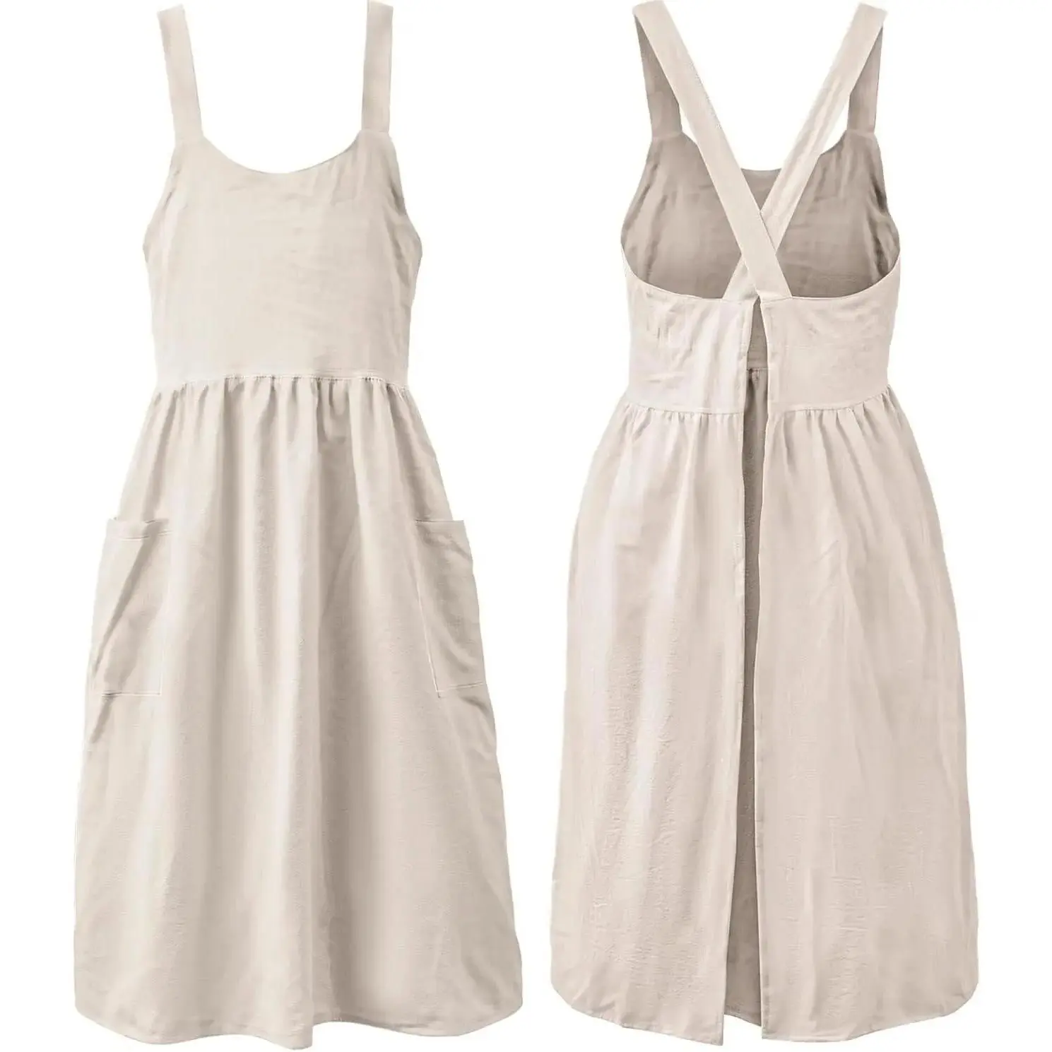 Cotton Linen Apron Cross Back Work Apron for Women with Pockets Pinafore Dress X Cross Halter Apron for Chef Gardening