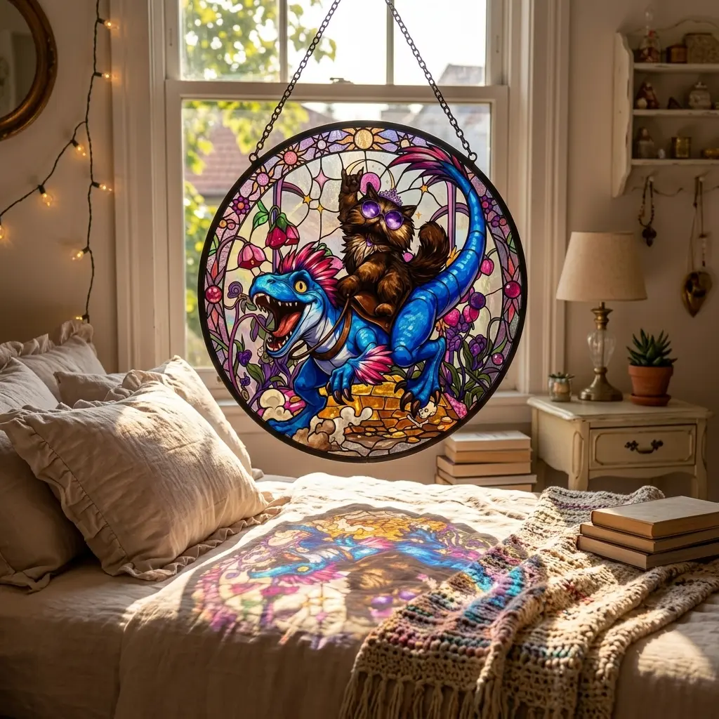 Round Princess Donut & Mongo Stained Glass Suncatcher - Magical Colorful Natural Light Artwork, Wall Decoration, Dungeon Crawler Fantasy Book Reader Gift, Valentine's Day Home Garden Hanging Ornament, 6 Inches, Acrylic