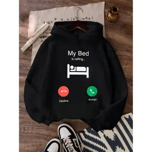 Stylish Womens Casual Polyester Hoodie Featuring My Bed Is Calling Graphic Kangaroo Pocket Long Sleeve Drawstring Hood and Cozy Knit Fabric Perfect for Autumn Winter