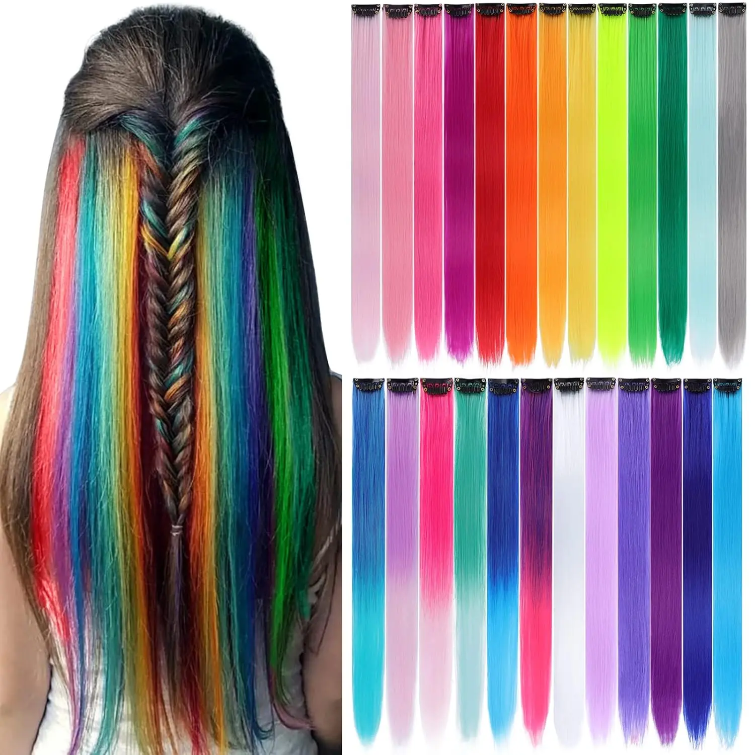 Clip-In Hair Extensions 25-Pack, 22-Inch Funky Straight Synthetic Highlights for Women, Multi-Color Heat-Resistant Pieces for Parties & Casual Wear, Glueless Pre Style, Affordable Fashion