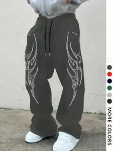 Men's Casual Sporty Long Pants, Thorn Totem Print, Drawstring Wide Leg, Loose-Fitting, All Seasons, Men's Fashion, Casual Loose Baggy