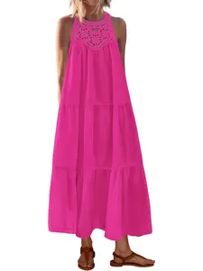 BTFBM Summer Halter Dresses for Women 2026 Casual Spring Hollow Out Sleeveless Boho Sundresses Beach Vacation Maxi Dress
