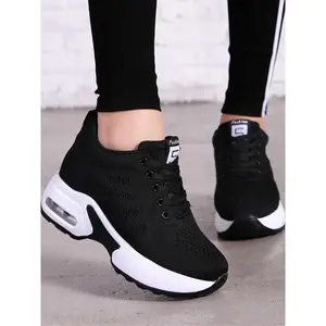 Women's Plain Lace Up Round Toe Wedge Sneakers, Wedge Trainers, Designer Shoes, Comfortable Letter Label Decor Athletic Sports Shoes for Women, Running Wedge Trainer, Back To School, Fall Outfits, Fall Freshness for Fall 2024 Mother giftGift