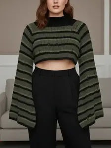 【Plus Size】 Striped Print Ripped Flounce Sleeve Crop Sweater, Casual Long Sleeve Mock Neck Jumper for Fall & Winter, Women's Plus Clothing for Daily Wear