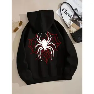 Women's Black Spider Hoodie - Cozy fall/winter casual sweatshirt with drawstring, red spiderweb pattern, polyester, machine washable, spider hoodie