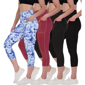 Real Essentials 4 Pack: Women's Capri Leggings with Pockets Casual Yoga Workout Exercise Pants (Available in Plus Size) workout legging