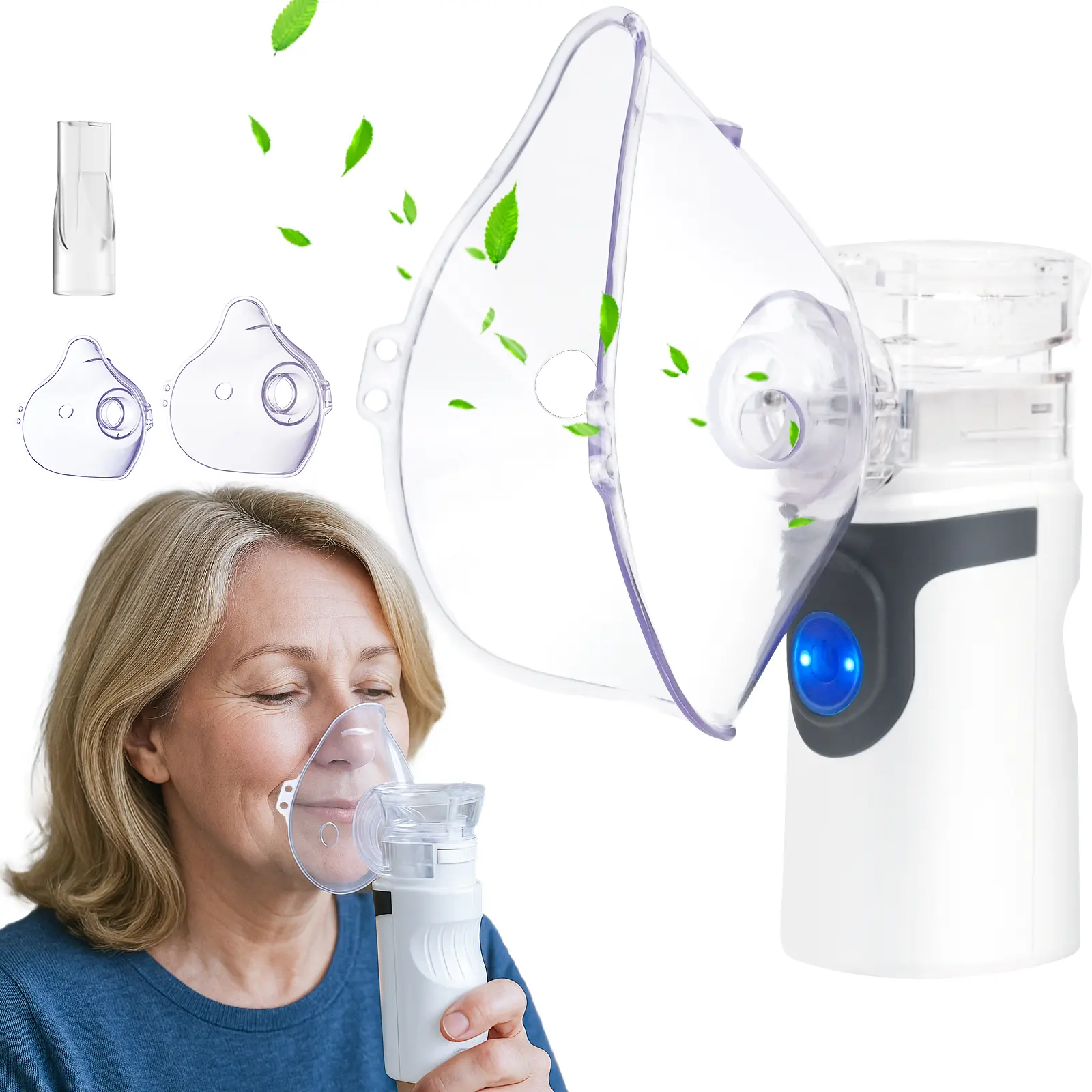 Portable Mesh Nebulizer for Adults & Kids, Quiet & Lightweight Handheld Machine with Fine Mist, Rechargeable with 2 Speeds for Home & Travel, Battery/Usb, Cordless, Compact, 3 Different Sizes Of Inhaler Accessories