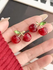 Silver Color Rhinestone Resin Earrings, Ankara Cherry Design, Sweet and Fresh, Versatile Fashion Jewelry for Women