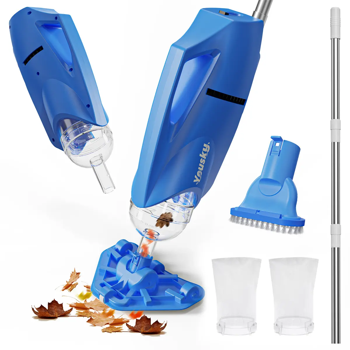 Cordless Pool Vacuum for Above Ground & Inground Pools, 18.5GPM Suction with 2 Brush Heads for Leaves, Debris, 20-69" Telescopic Pole Back-Friendly Cleaning, Hot Tub Spa Handheld Cleaner