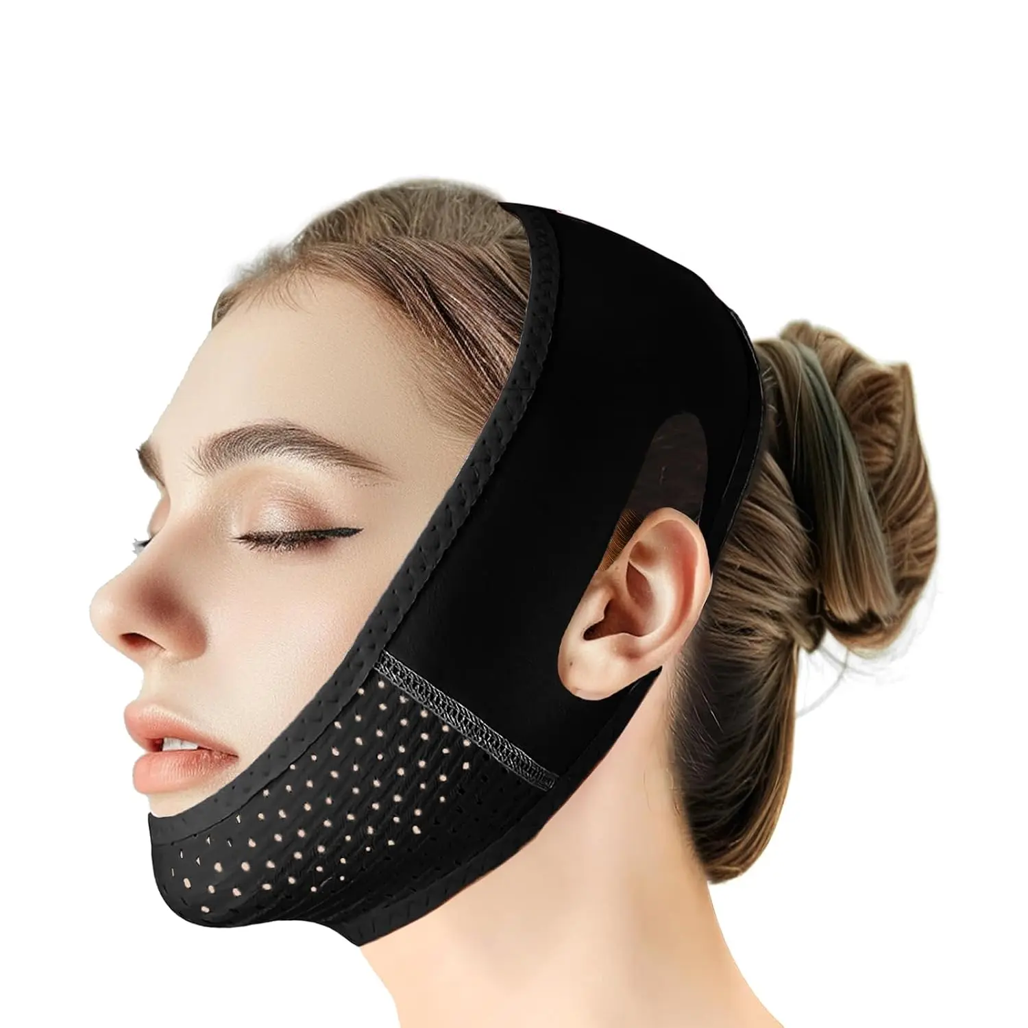Reusable V-Line Lifting Facial Mask with Chin Strap, Daily Jaw Exerciser for Sagging Skin (Black)
