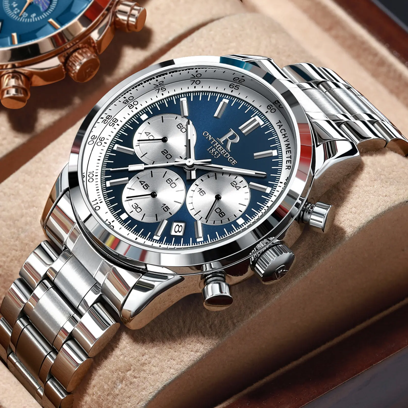 Men's Luxury Blue Dial Chronograph Quartz Watches - Stainless Steel Wristwatch with Tachymeter, Date Display, Multi-Function Subdials, Elegant Business Sport Dress Watch, Perfect premium Gift for Husband Dad Boyfriend