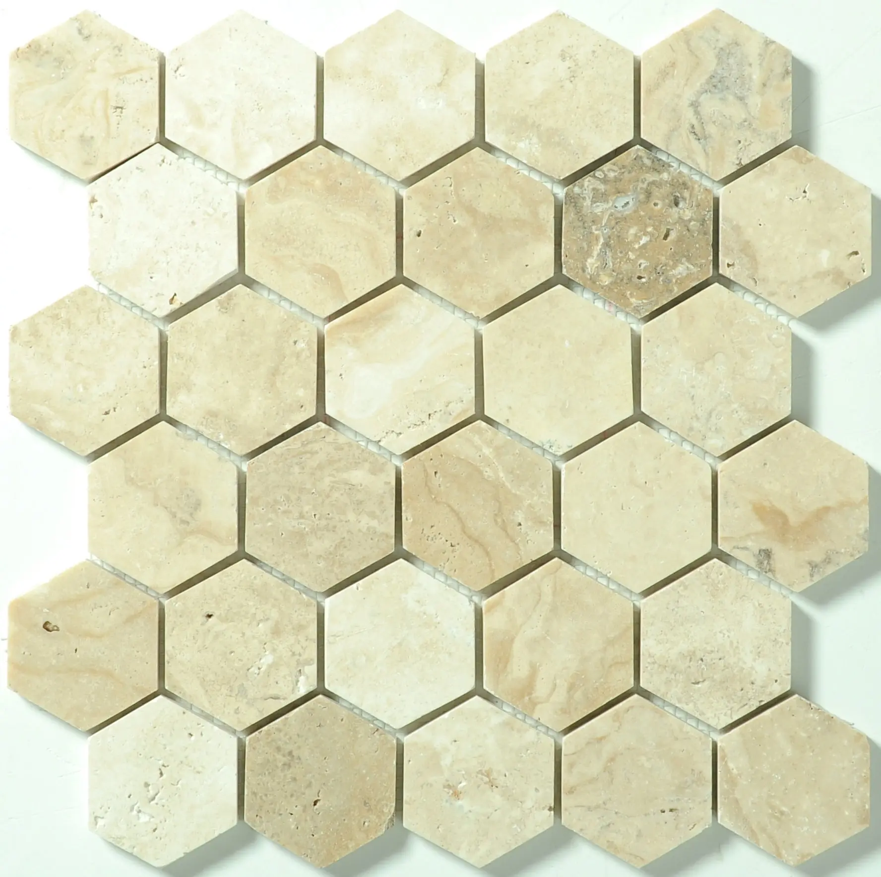 Honed Hexagonal Travertine Mosaic Tile, 2x2, Coastal Seaside Style for Residential Backsplash & Flooring
