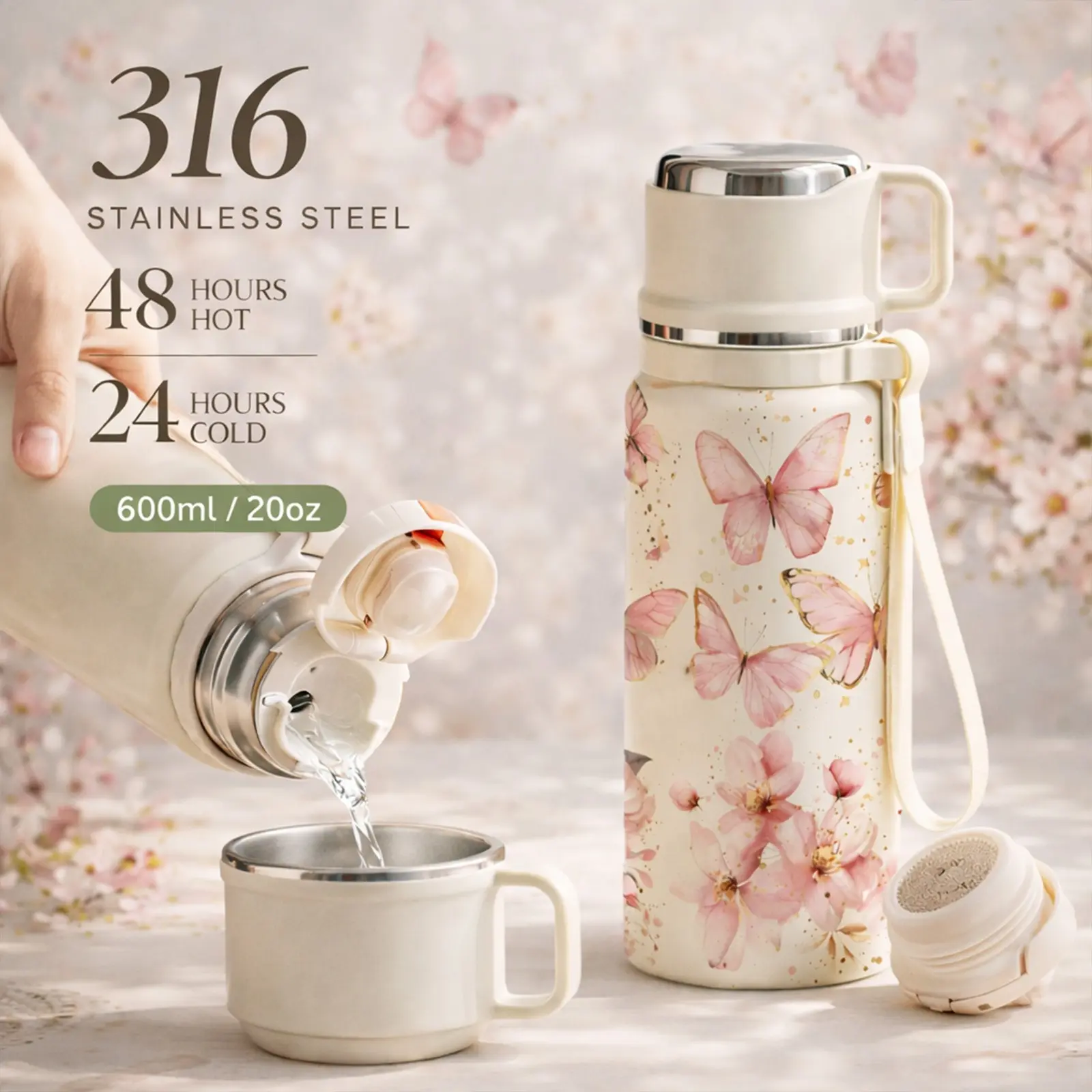 Thermal Cup, 600ml Insulated Mug, Double Wall Vacuum Mug, Insulated Travel Drinkware, Leak Proof Skinny Tumbler With Handle And Strap, Gold Dust Butterfly, 24 Hours Hot 48 Hours Cold, Portable Travel Mug For Coffee Tea Juice, Gift For Women Men