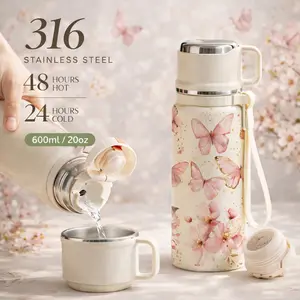 Thermal Cup, 600ml Insulated Mug, Double Wall Vacuum Mug, Insulated Travel Drinkware, Leak Proof Skinny Tumbler With Handle And Strap, Gold Dust Butterfly, 24 Hours Hot 48 Hours Cold, Portable Travel Mug For Coffee Tea Juice, Gift For Women Men