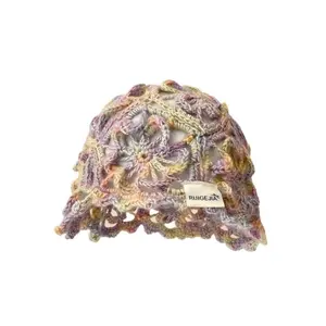 RUIGEJIA Unisex Handmade Acrylic Beanie Set - Hollow-Out Crochet Knit Detailing, Gradient Design, Bohemian Vintage Chic, Lightweight All-Season Headwear, Casual Daily/Travel Use, Male