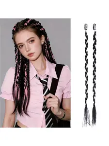 2PCS BB Clip Dreadlock Braids Hair Extensions, Black Red Colorblock Short Box Braids, 12 Inch/30cm Invisible Synthetic Hairpieces for Hip-hop Cool Style Use