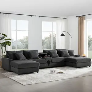 【Sub 4 packages】Niccae [VIDEO]141.5*64'' Corduroy Sectional Sofa with Bluetooth Speakers, U-Shaped Couch with Console, USB Charger, Cup Holders, Storage, Ottoman, Deep and Wide Seat Cloud Sofa for Living Room&Apartment summergarden